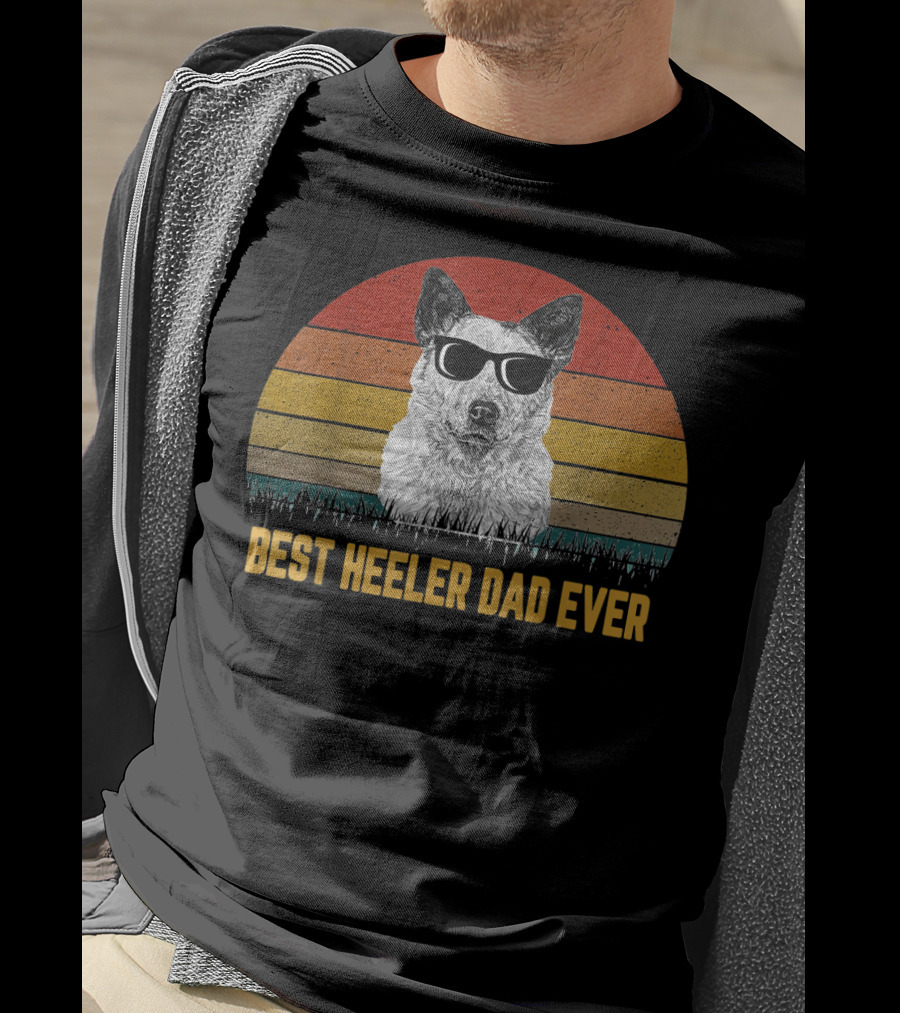 Best Heeler Dad Ever Retro Sunglasses Dog Sunset T-Shirt