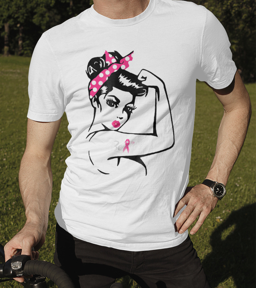 Breast Cancer Warrior Believe Support Awareness With Pink Ribbon And Polka Dot Rosie Bandana T-Shirt