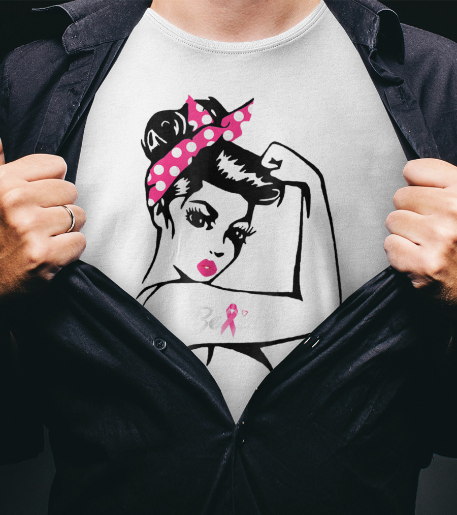 Breast Cancer Warrior Believe Support Awareness With Pink Ribbon And Polka Dot Rosie Bandana T-Shirt