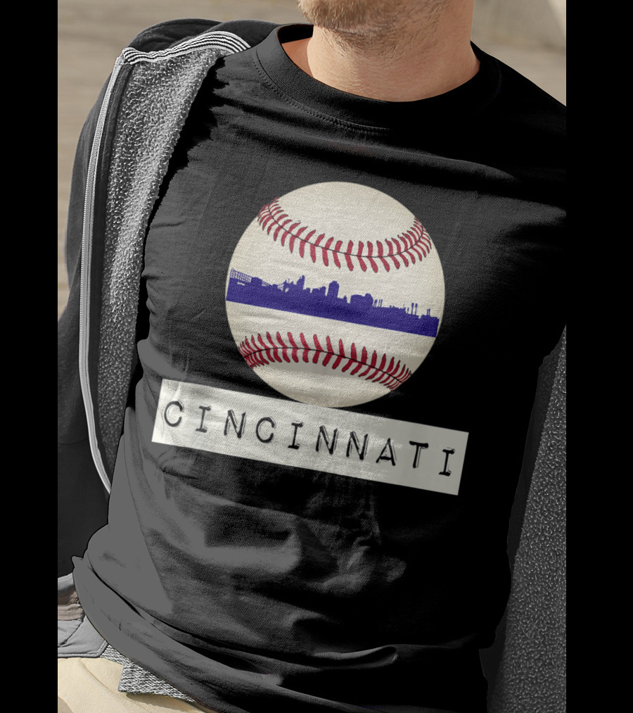 Cincinnati Skyline On Baseball With Red Stitches T-Shirt