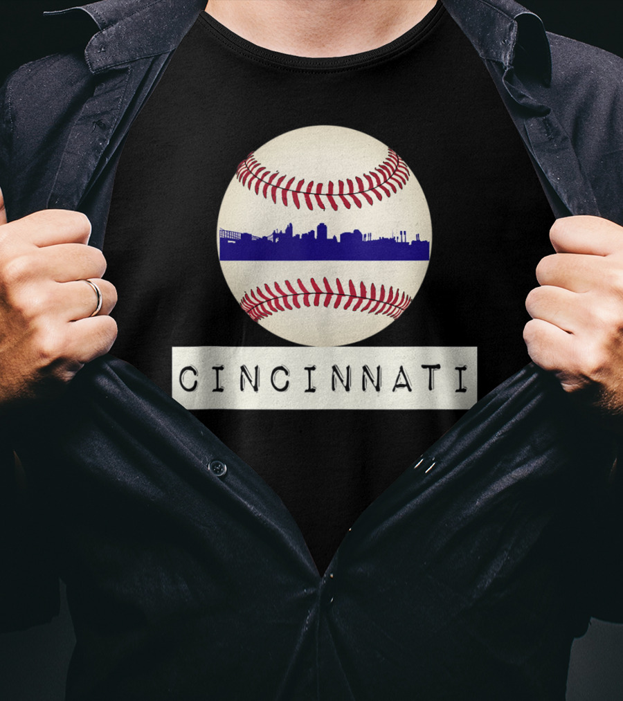 Cincinnati Skyline On Baseball With Red Stitches T-Shirt
