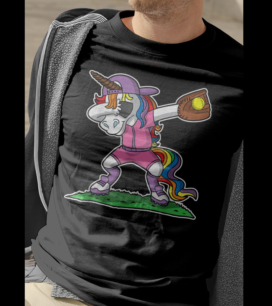 Dabbing Unicorn In Pink Softball Outfit With Glove And Ball T-Shirt