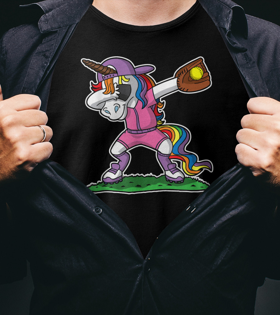 Dabbing Unicorn In Pink Softball Outfit With Glove And Ball T-Shirt