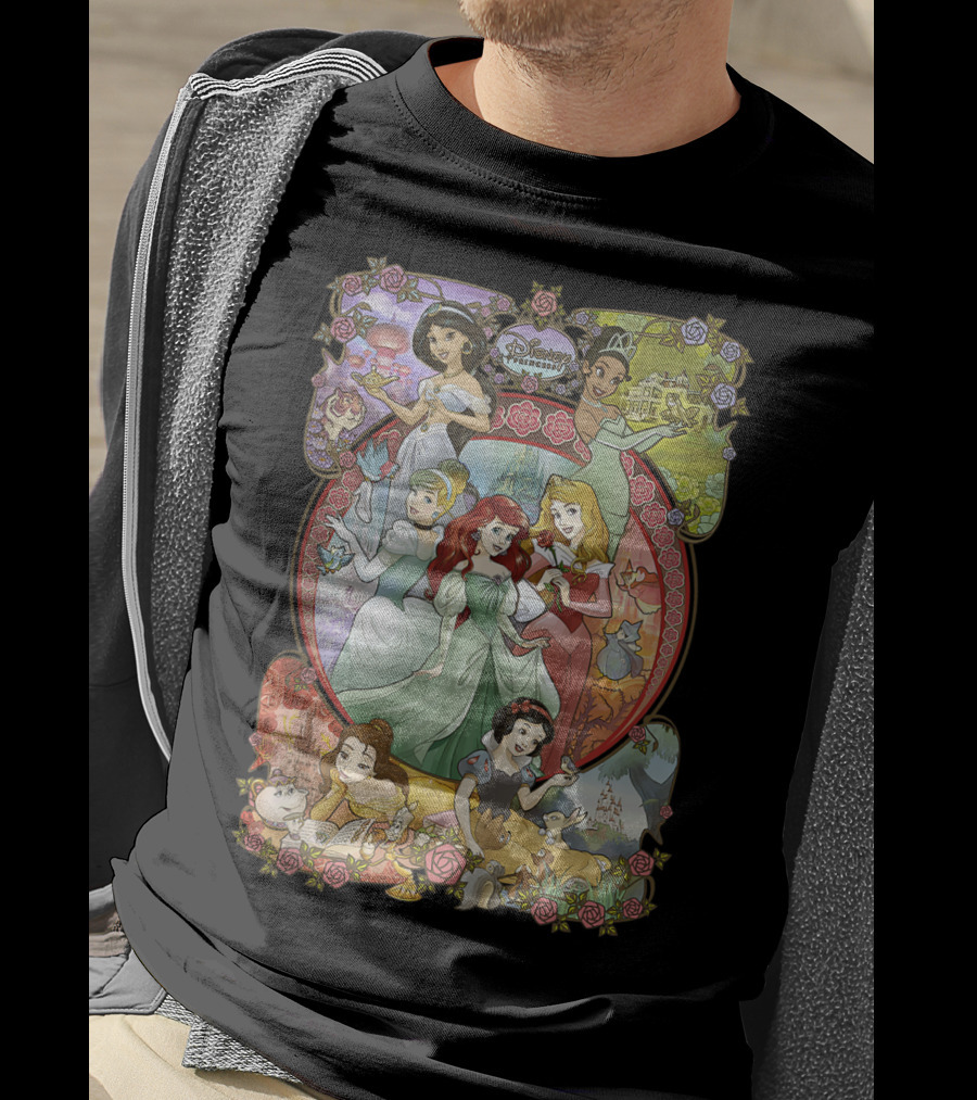 Disney Princess Classic Cartoon Group Collage Cinderella Ariel Belle Snow White Aurora T-Shirt