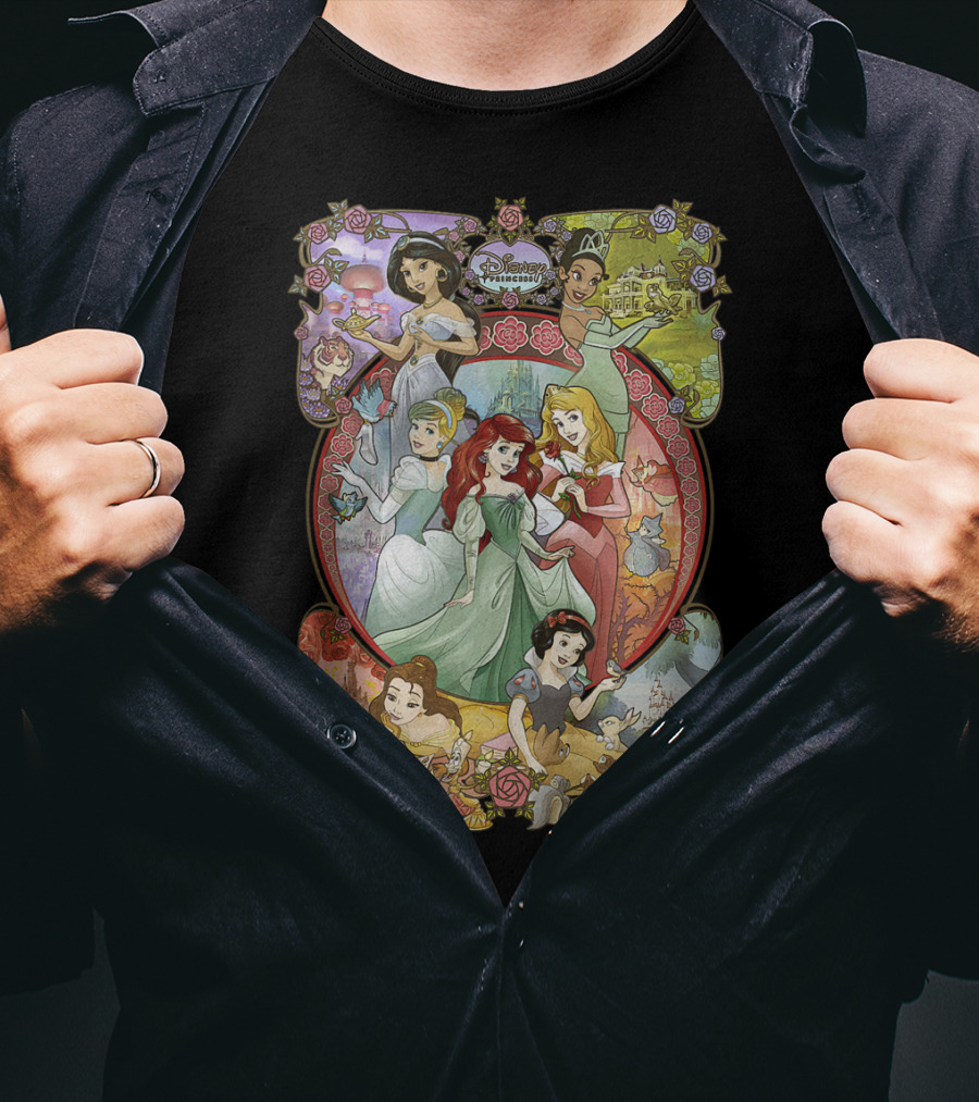 Disney Princess Classic Cartoon Group Collage Cinderella Ariel Belle Snow White Aurora T-Shirt