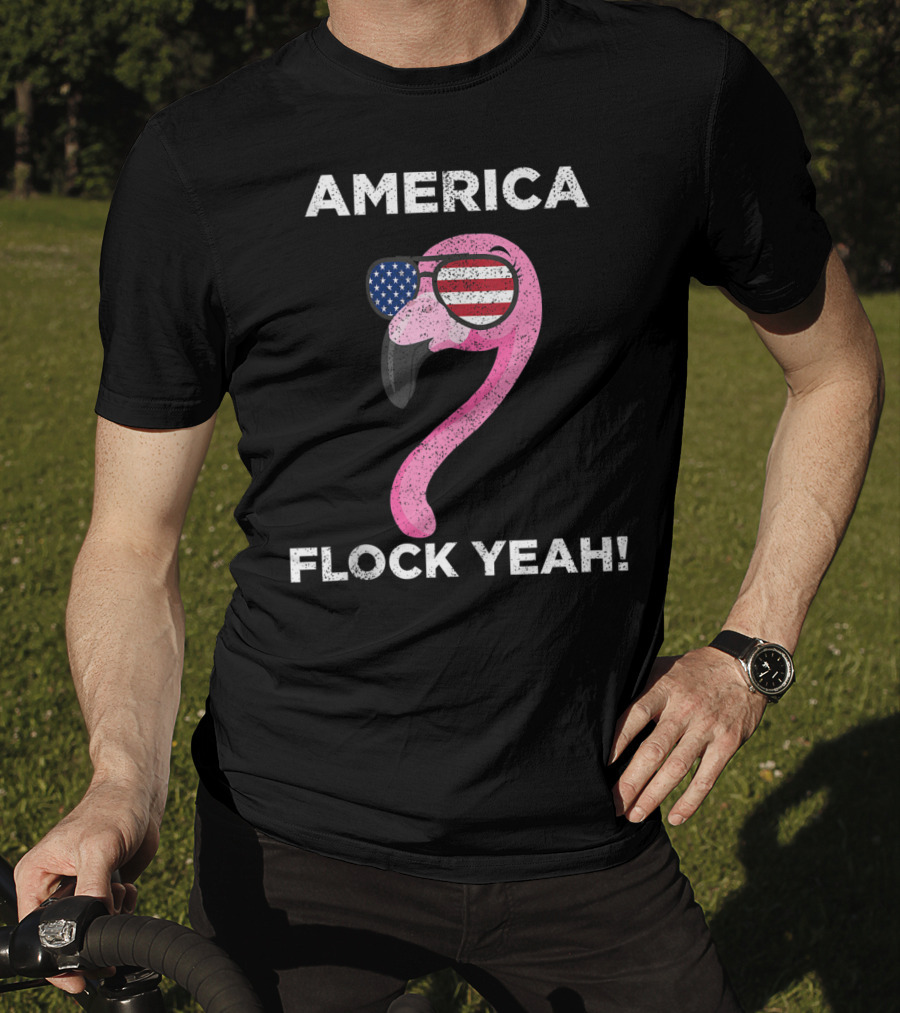 America Flock Yeah Flamingo With American Flag Glasses T-Shirt