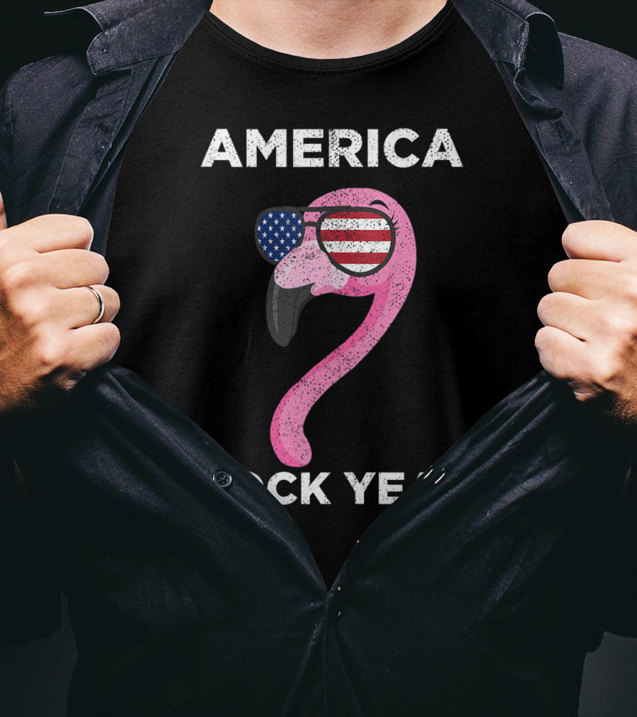 America Flock Yeah Flamingo With American Flag Glasses T-Shirt