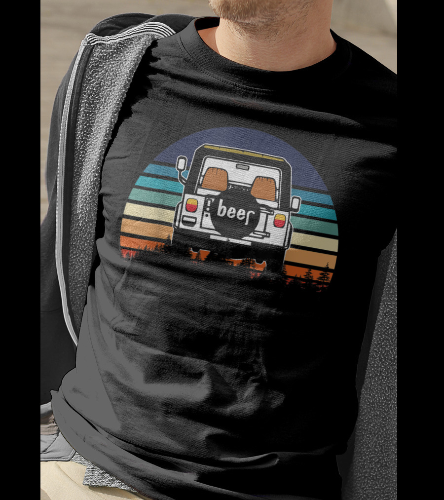 Funny Beer Jeeps Vintage Sunset Retro Stripess T-Shirt