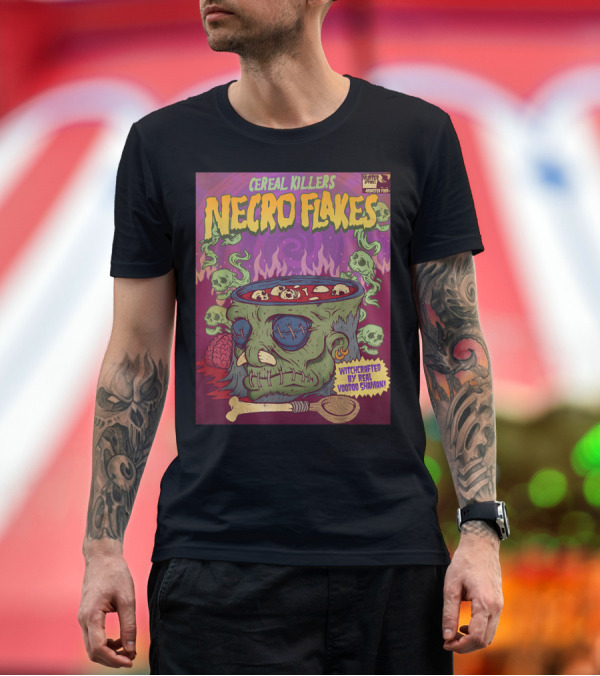 Premium T-Shirt: Cereal Killers Necro Flakes Witchcrafted by Real Voodoo Shaman Monster Food Horror Fans Nerds T-Shirt Cereal Killers Necro Flakes Witchcrafted by Real Voodoo Shaman Monster Food Horror Fans Nerds T-Shirt