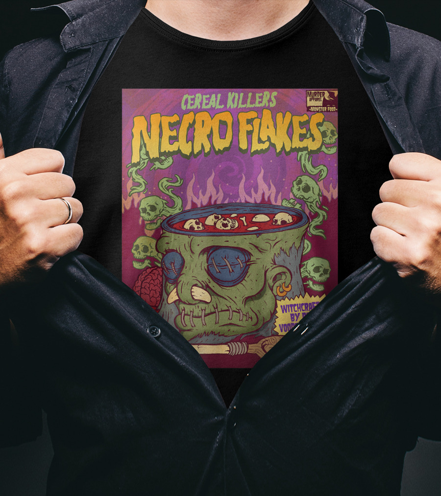 Cereal Killers Necro Flakes Witchcrafted By Real Voodoo Shaman Monster Food Horror Fans Nerds T-Shirt