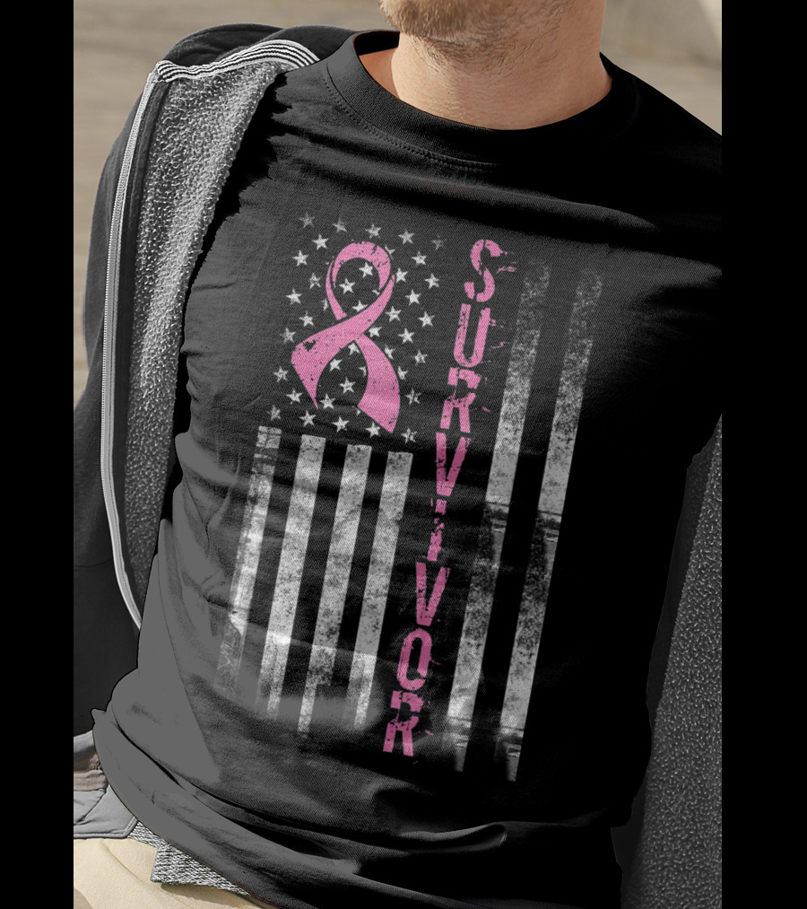 Survivor Pink Ribbon American Flag Breast Cancer Awareness T-Shirt