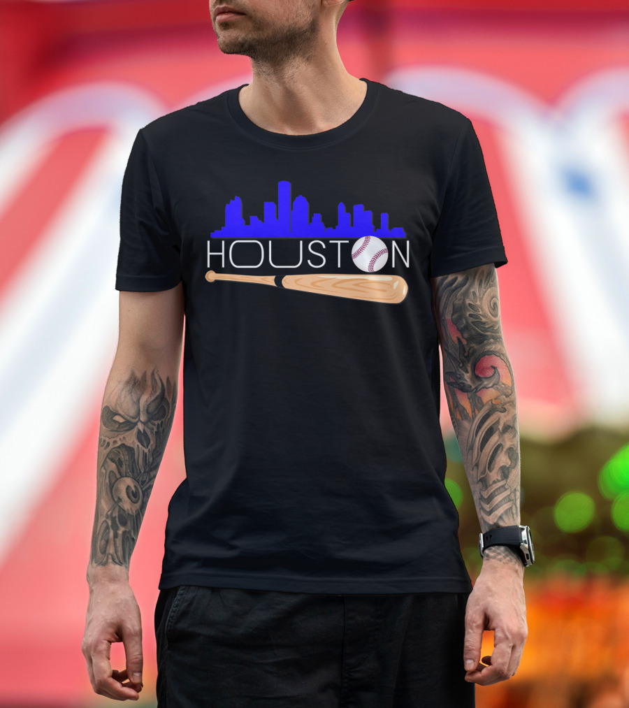 Houston Baseball Astro Font Skyline with Bat and Ball T-Shirt
