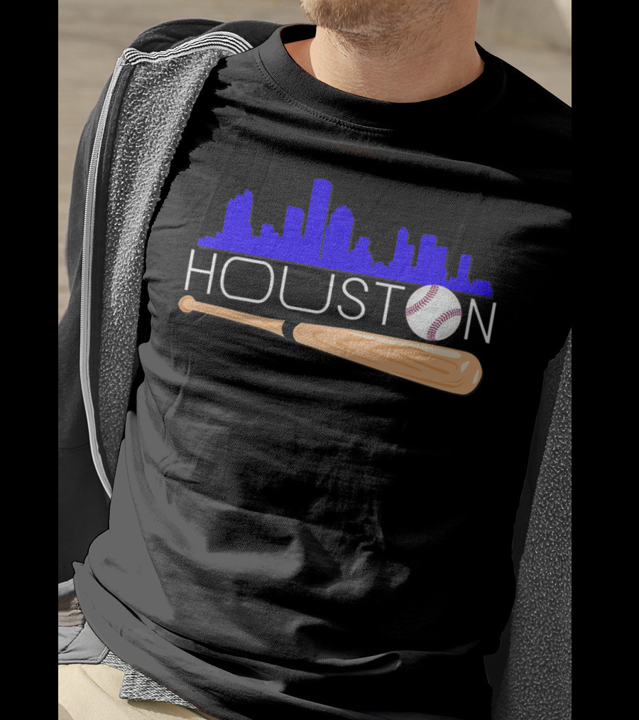 Houston Baseball Astro Font Skyline With Bat And Ball T-Shirt