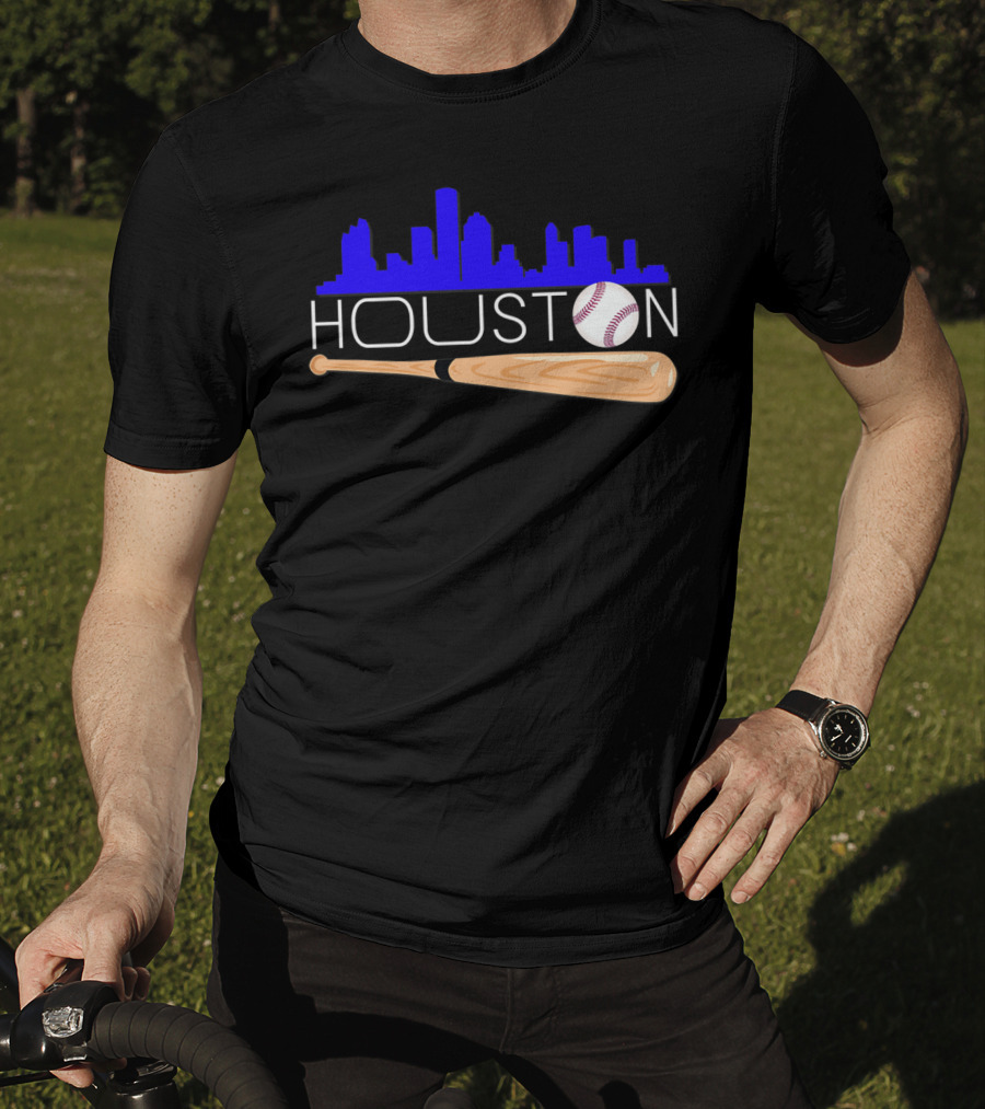 Houston Baseball Astro Font Skyline With Bat And Ball T-Shirt