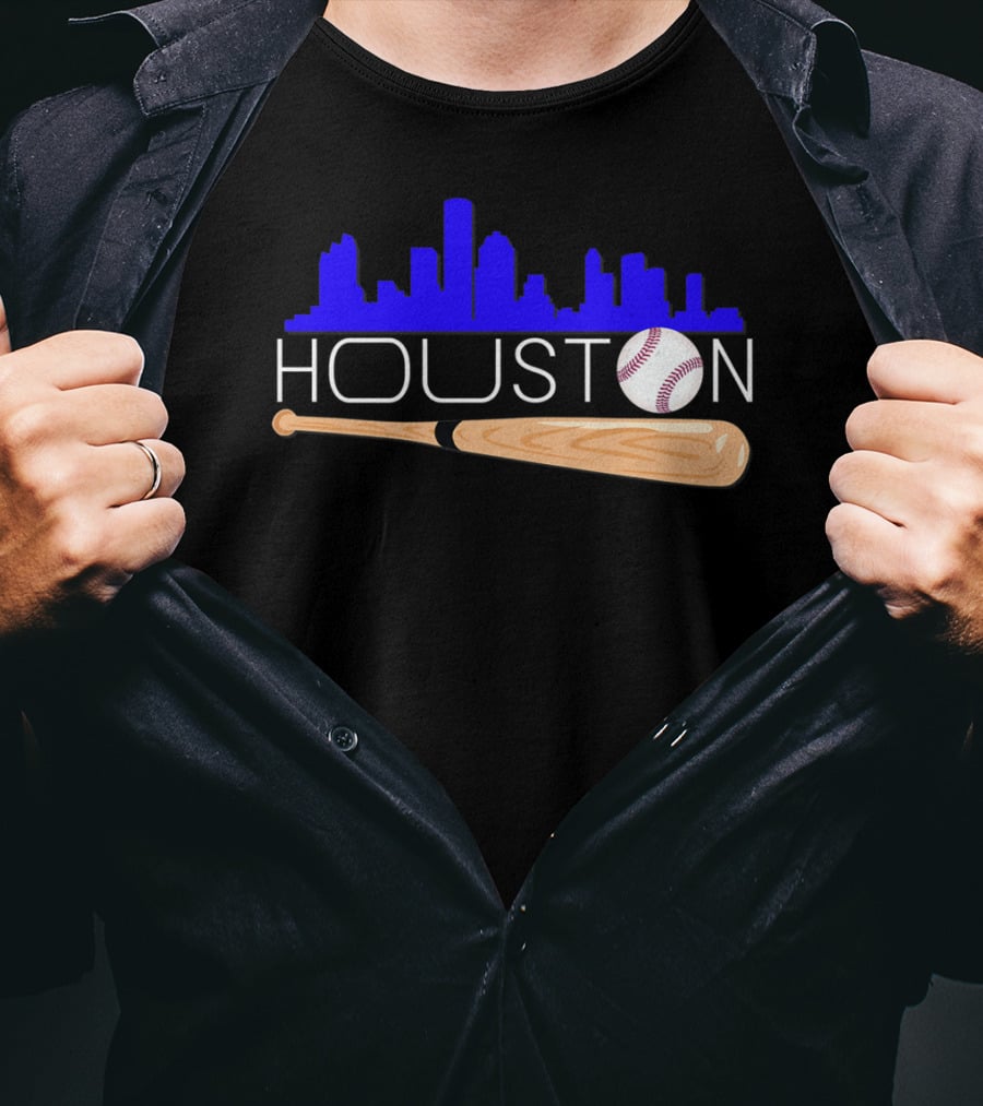 Houston Baseball Astro Font Skyline With Bat And Ball T-Shirt