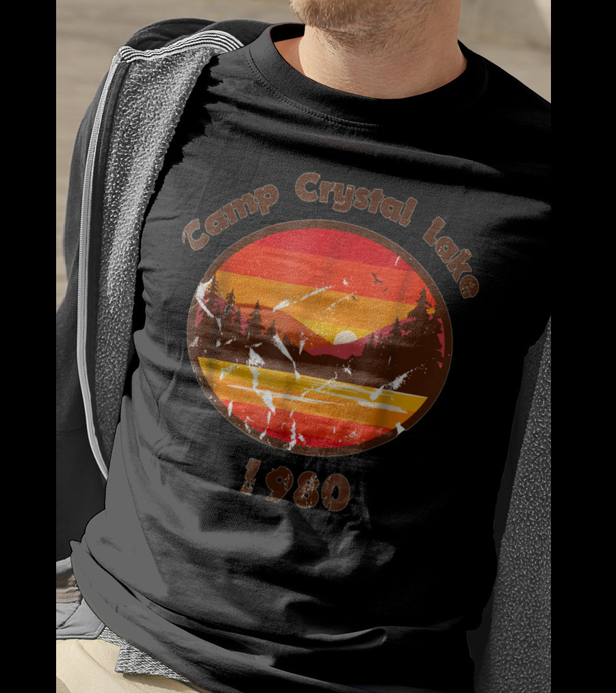 Camp Crystal Lake 1980 Retro Sunset Forest Scene T-Shirt