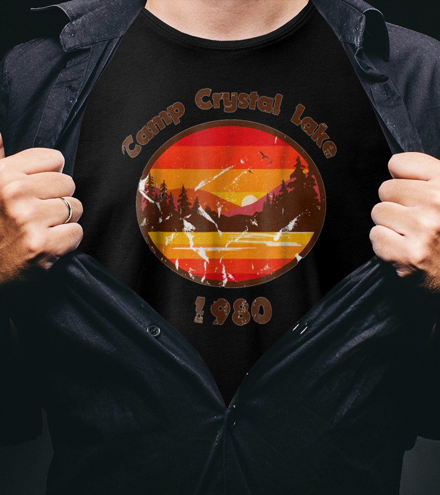 Camp Crystal Lake 1980 Retro Sunset Forest Scene T-Shirt