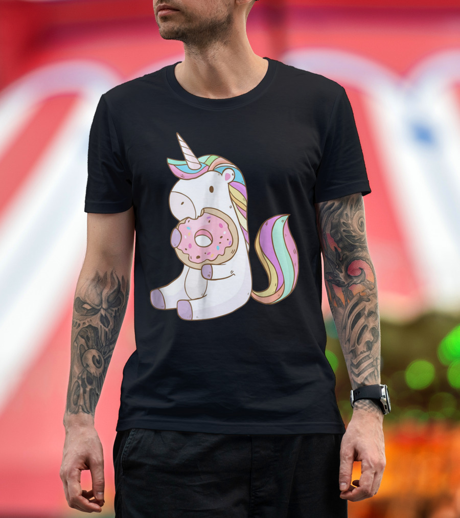 Cute Hungry Unicorn Enjoying a Delicious Donut with Sprinkles T-Shirt
