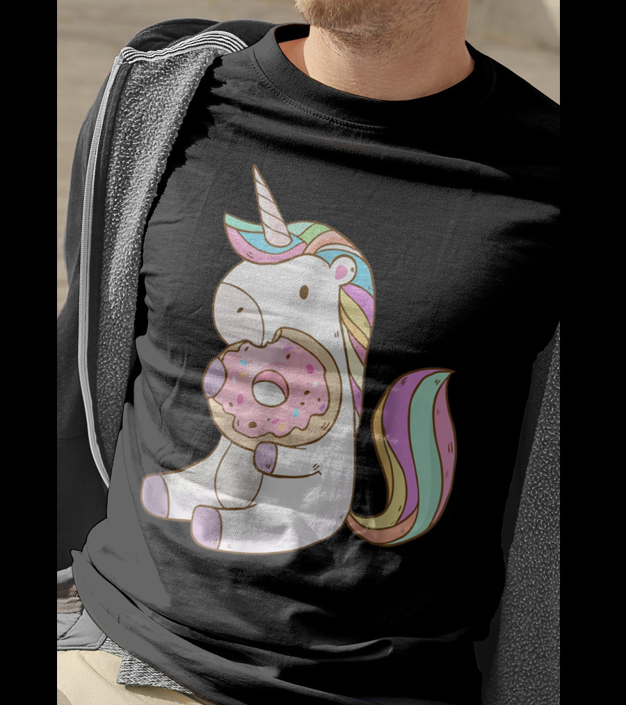 Cute Hungry Unicorn Enjoying A Delicious Donut With Sprinkles T-Shirt