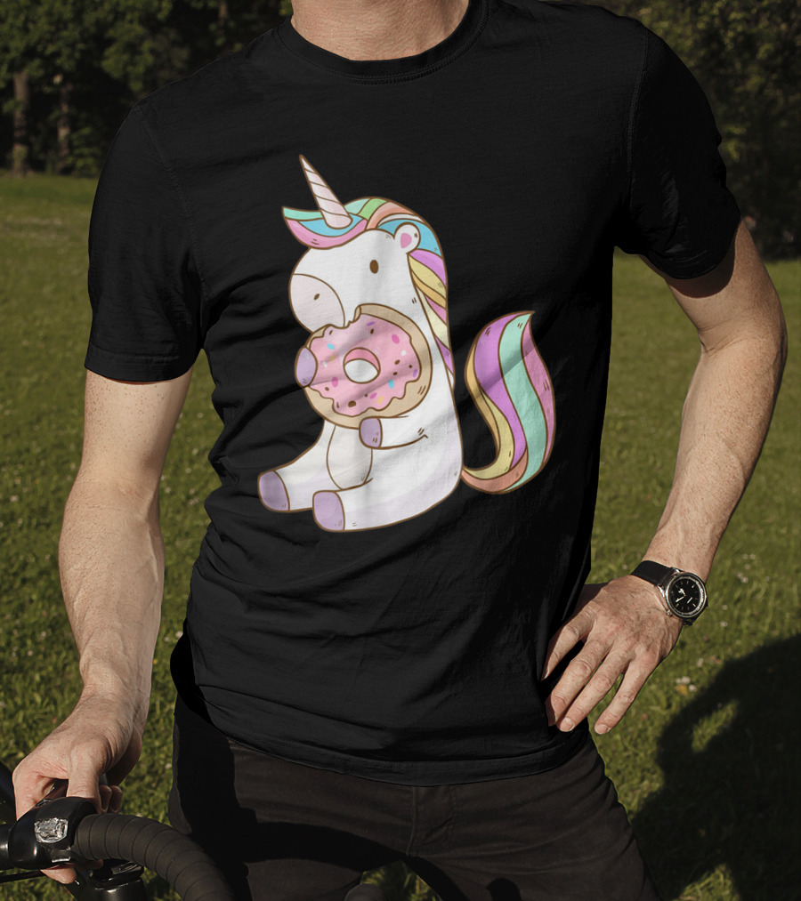 Cute Hungry Unicorn Enjoying A Delicious Donut With Sprinkles T-Shirt