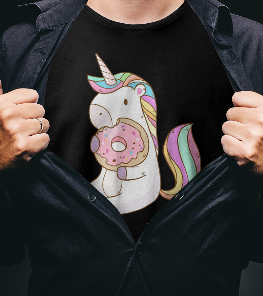 Cute Hungry Unicorn Enjoying A Delicious Donut With Sprinkles T-Shirt