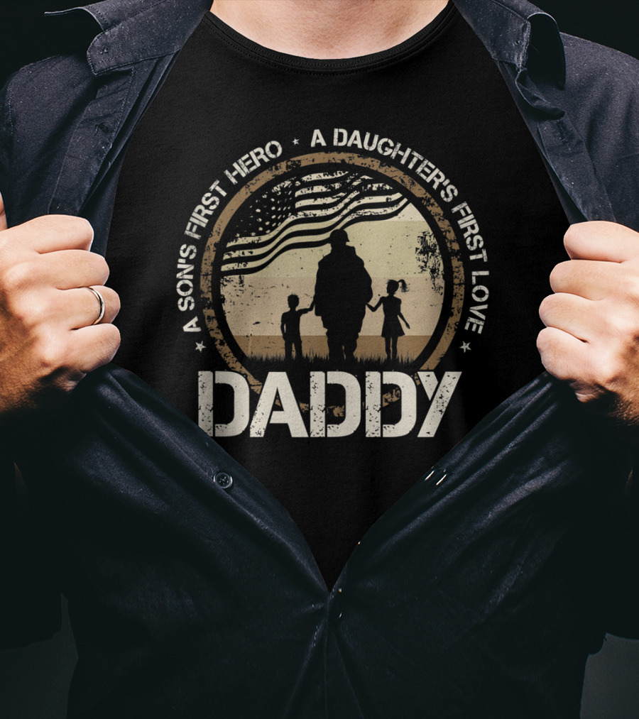 Daddy A Son's First Hero A Daughter's First Love Silhouette With American Flag T-Shirt