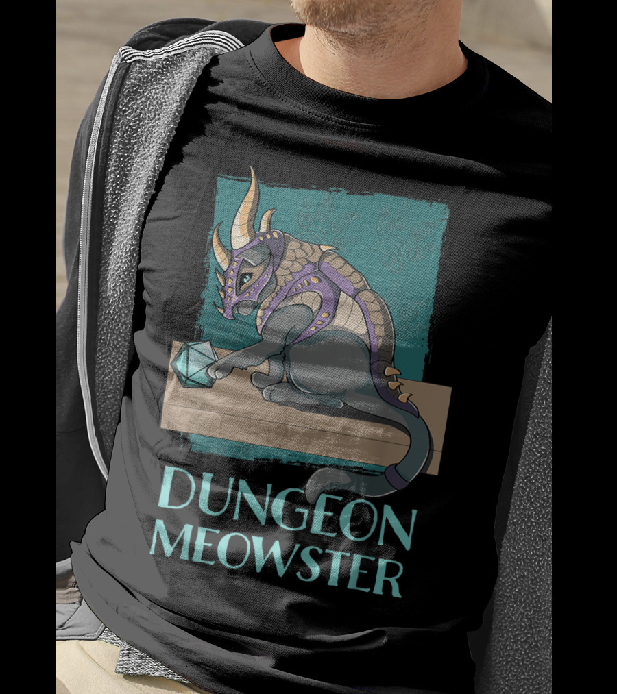 Dungeon Meowster Cat With Dragon Armor Playing With Dice T-Shirt
