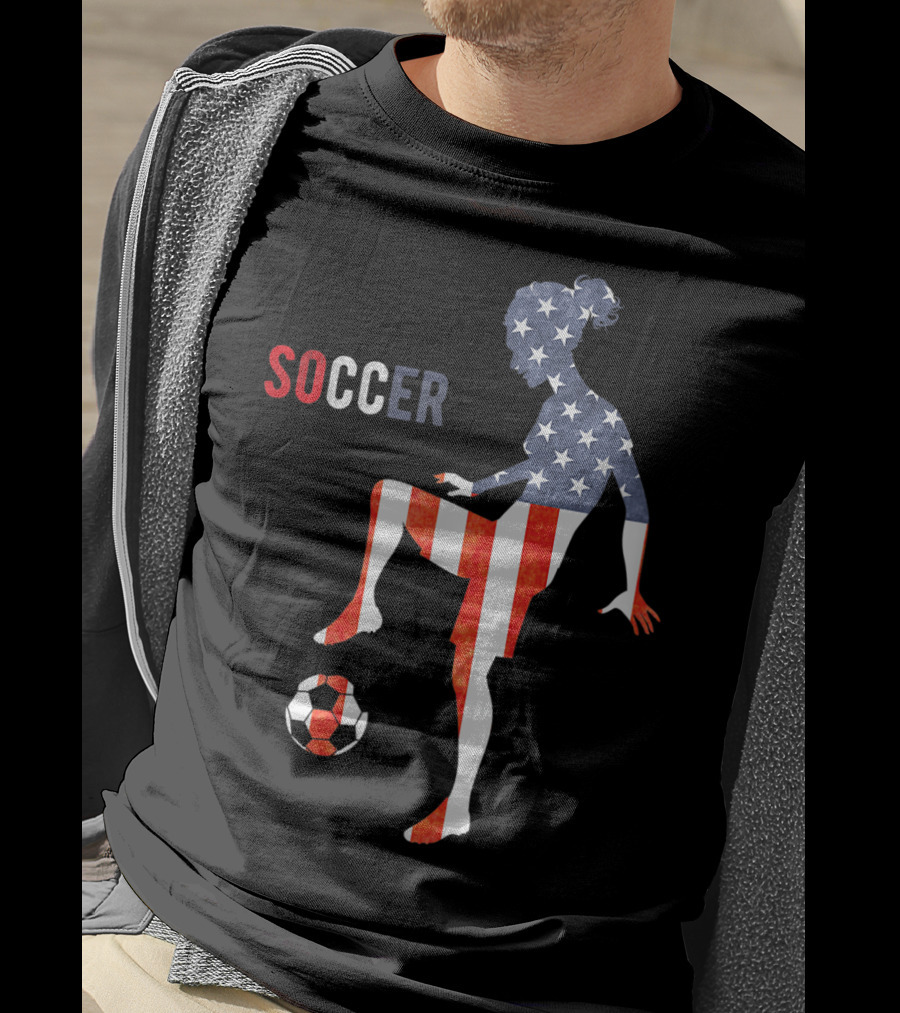 American Flag USA Soccer Player Silhouette Girl T-Shirt