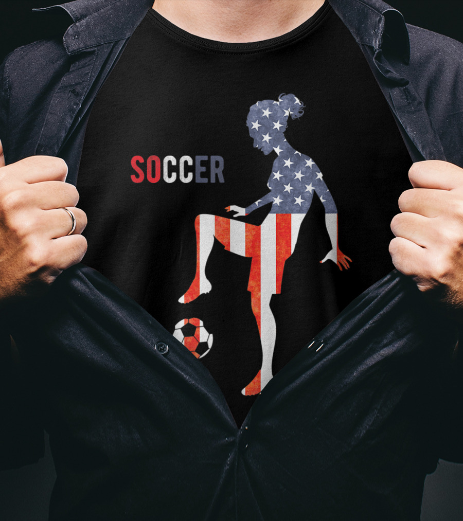 American Flag USA Soccer Player Silhouette Girl T-Shirt