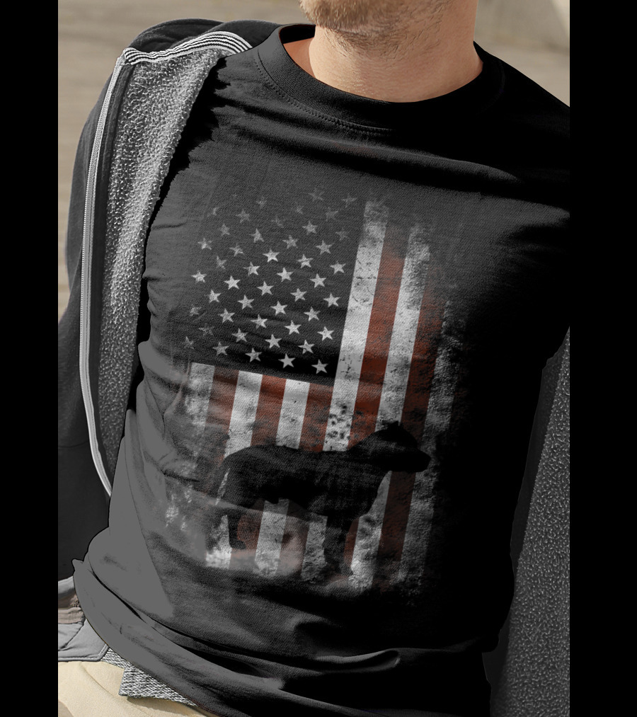 American Pitbull Terrier Silhouette With American Flag Patriotic T-Shirt