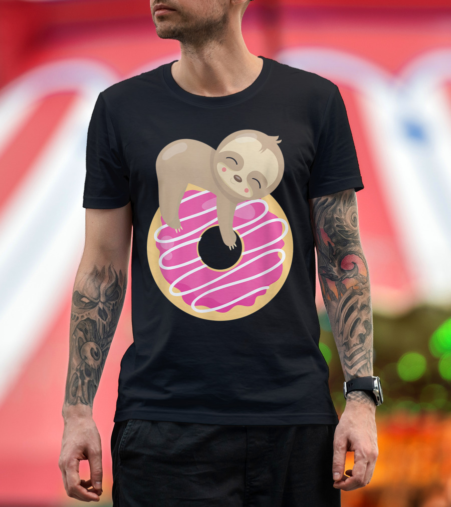 Baby Sloth Sleeping on Pink Frosted Donut T-Shirt