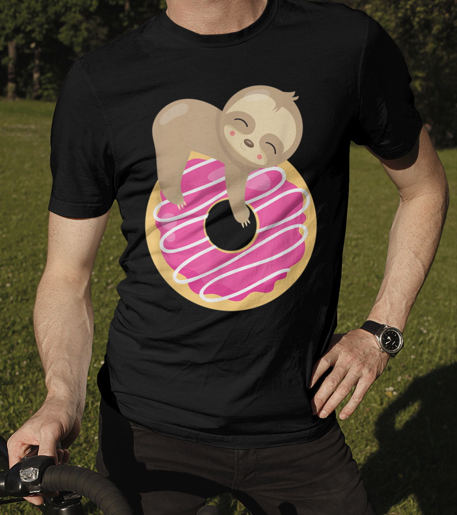 Baby Sloth Sleeping On Pink Frosted Donut T-Shirt