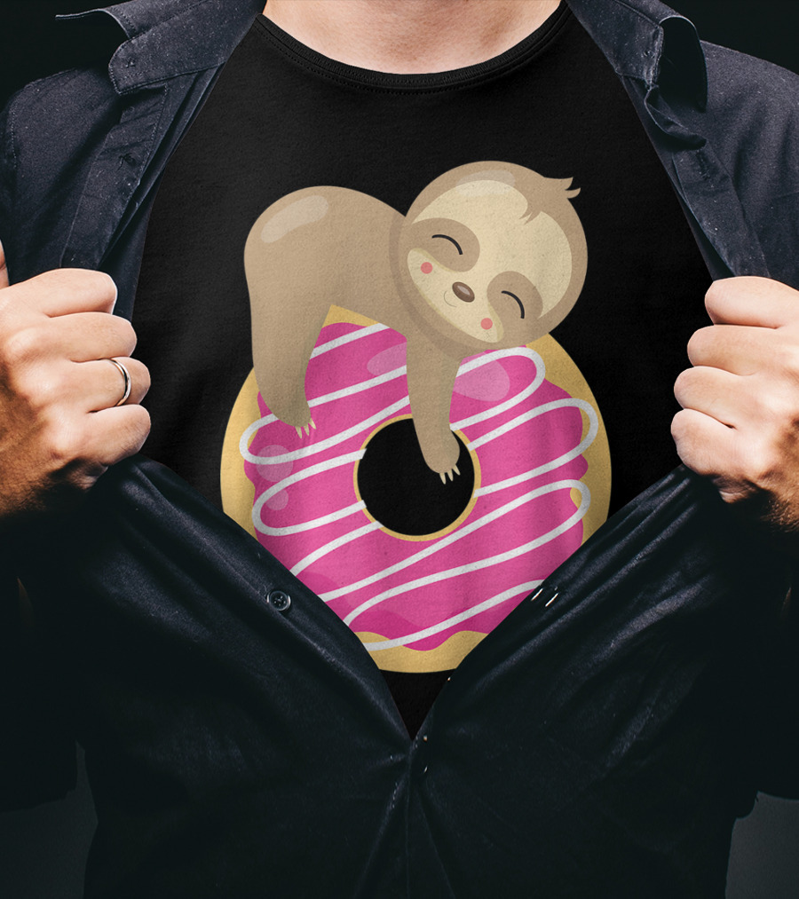 Baby Sloth Sleeping On Pink Frosted Donut T-Shirt
