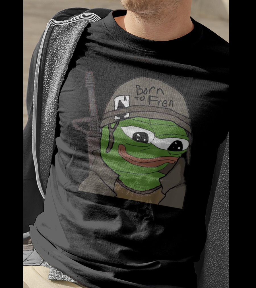Born To Fren Pepe Military Helmet Cartoon With Rifle T-Shirt