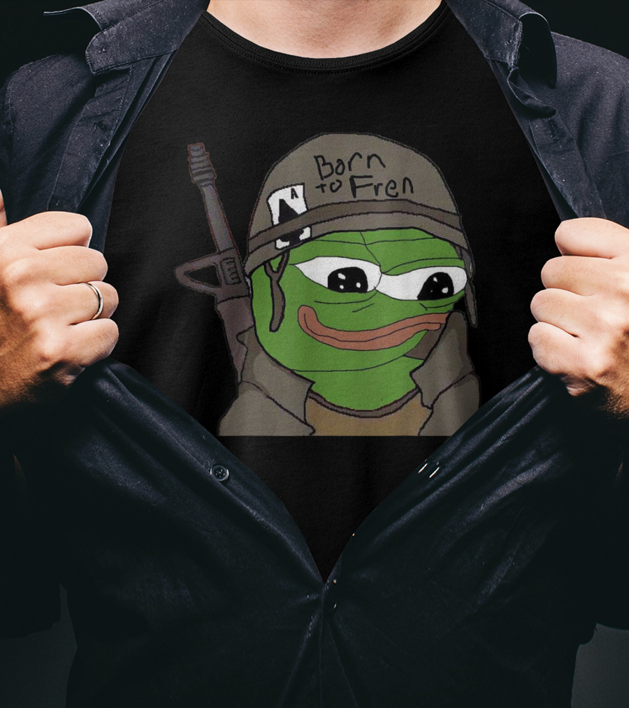 Born To Fren Pepe Military Helmet Cartoon With Rifle T-Shirt