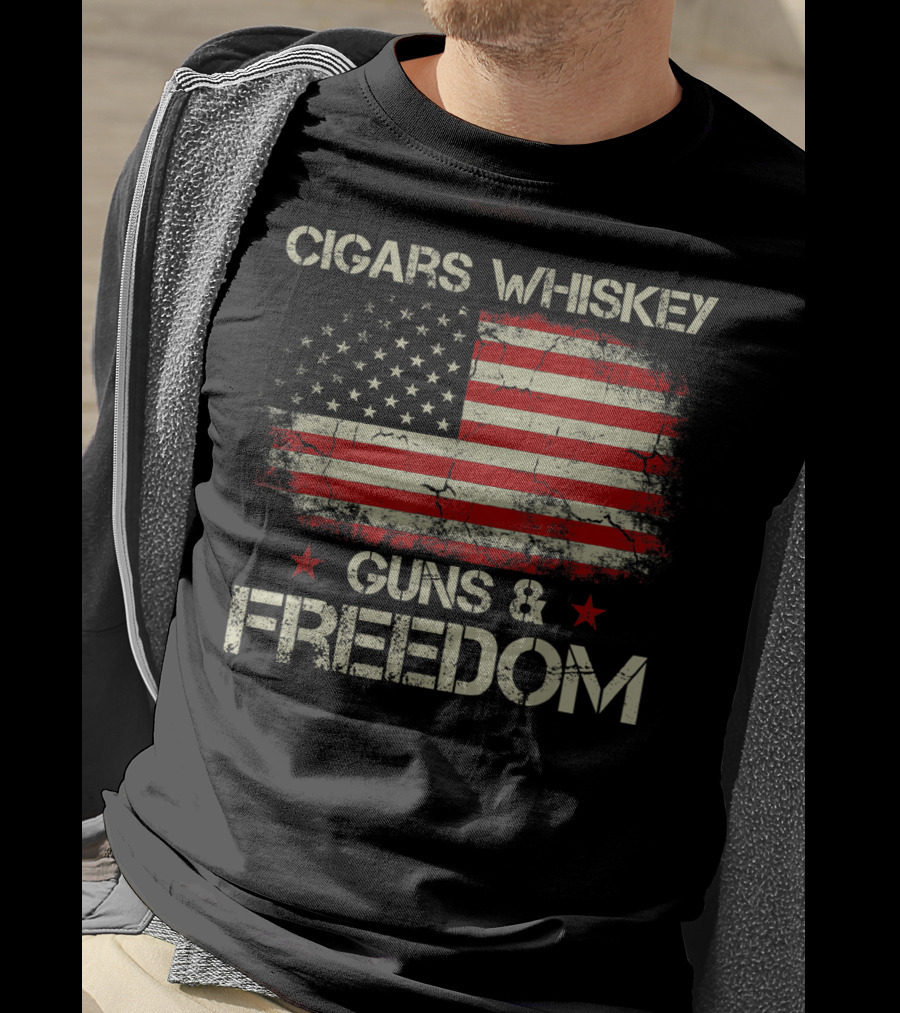 Cigars Whiskey Guns Freedom American Flag Patriotic USA Stars Stripes T-Shirt