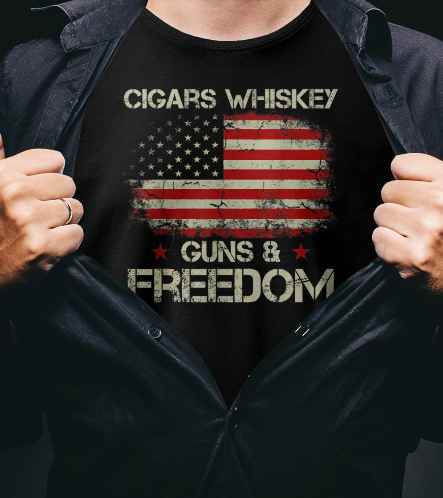 Cigars Whiskey Guns Freedom American Flag Patriotic USA Stars Stripes T-Shirt