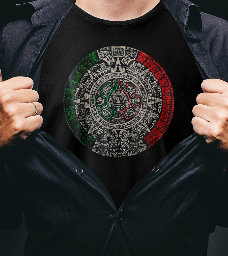 Aztec Calendar Sun Stone Mexican Flag Colors Carving Maya Mayans T-Shirt