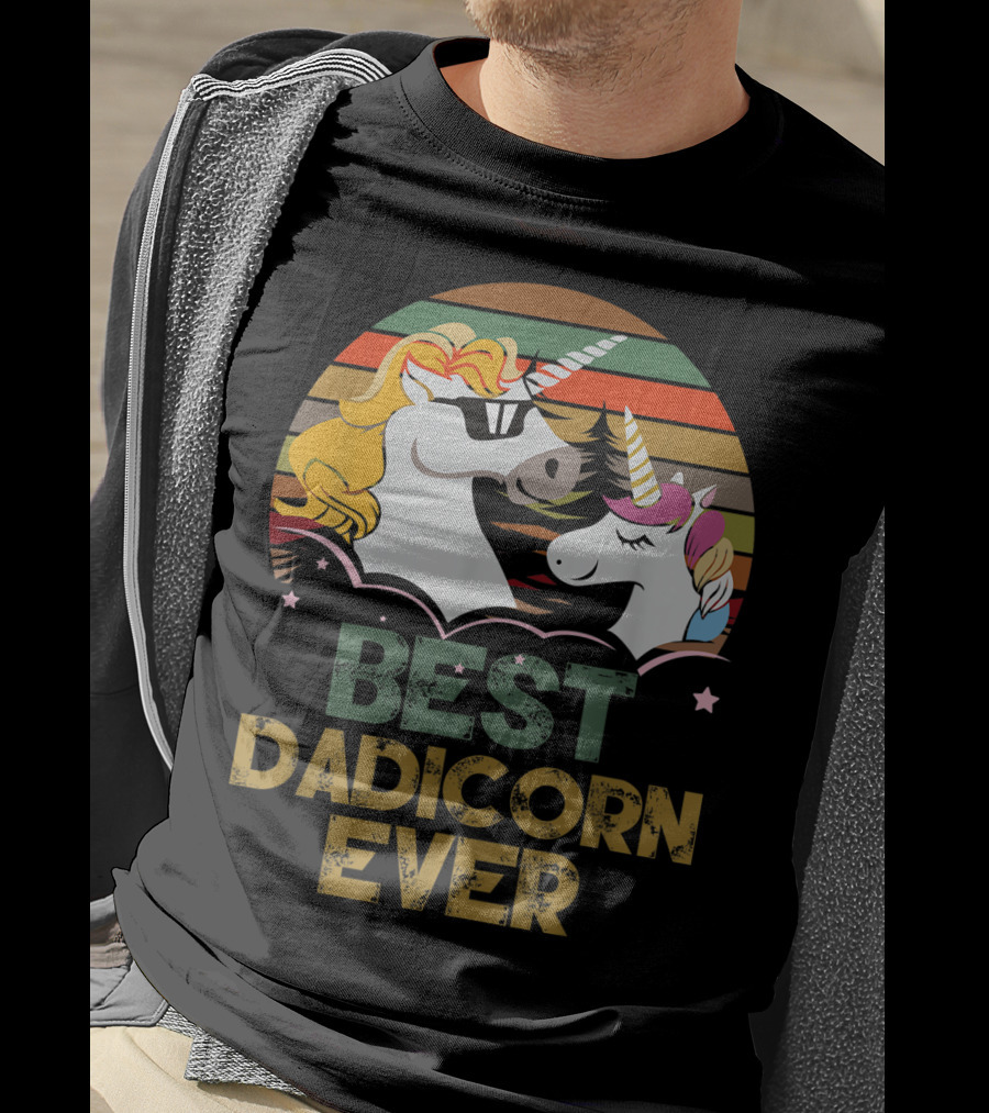 Best Dadicorn Ever Retro Funny Unicorns With Sunset Stripes T-Shirt
