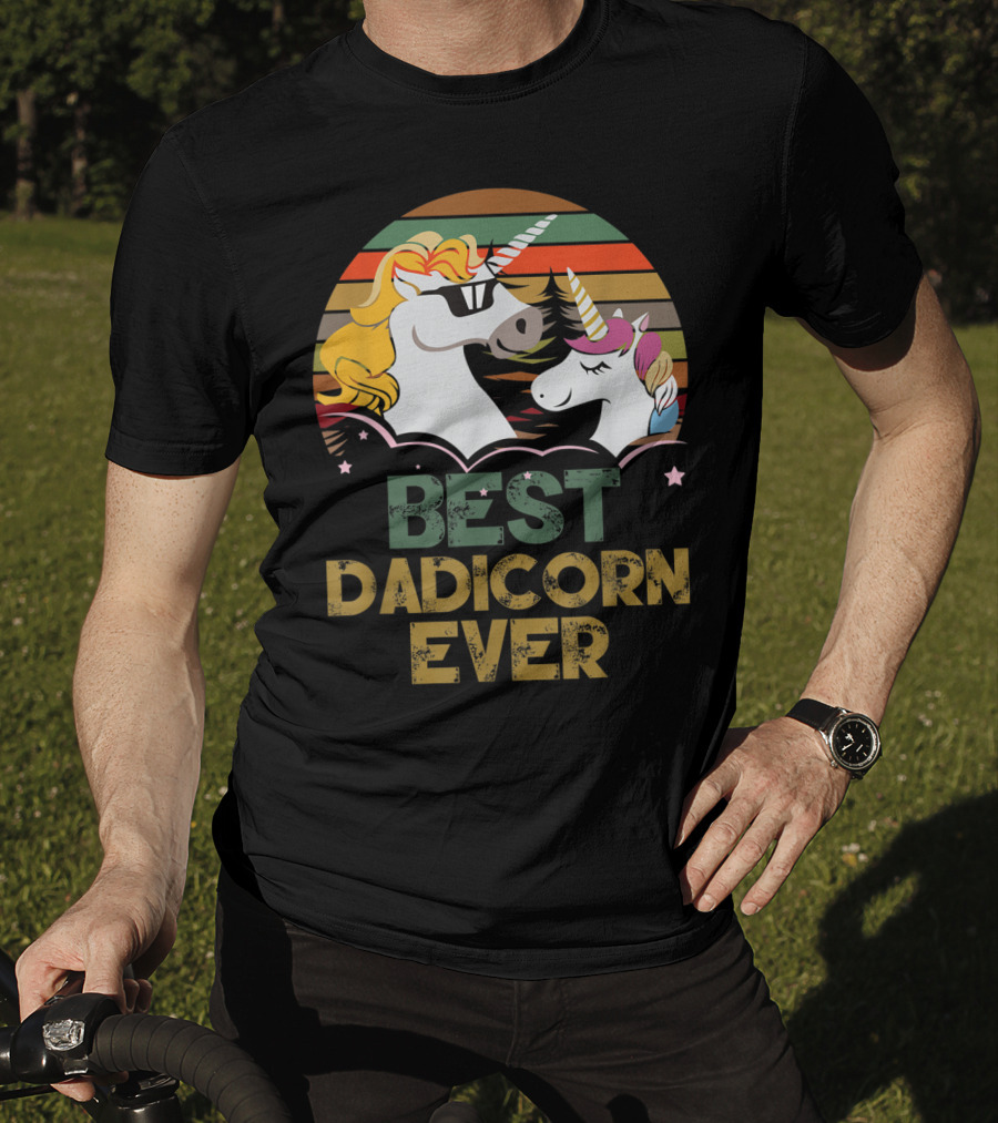 Best Dadicorn Ever Retro Funny Unicorns With Sunset Stripes T-Shirt