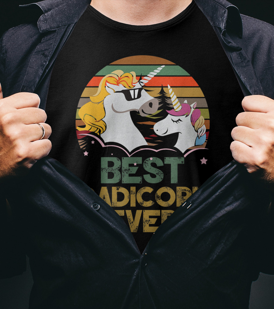 Best Dadicorn Ever Retro Funny Unicorns With Sunset Stripes T-Shirt