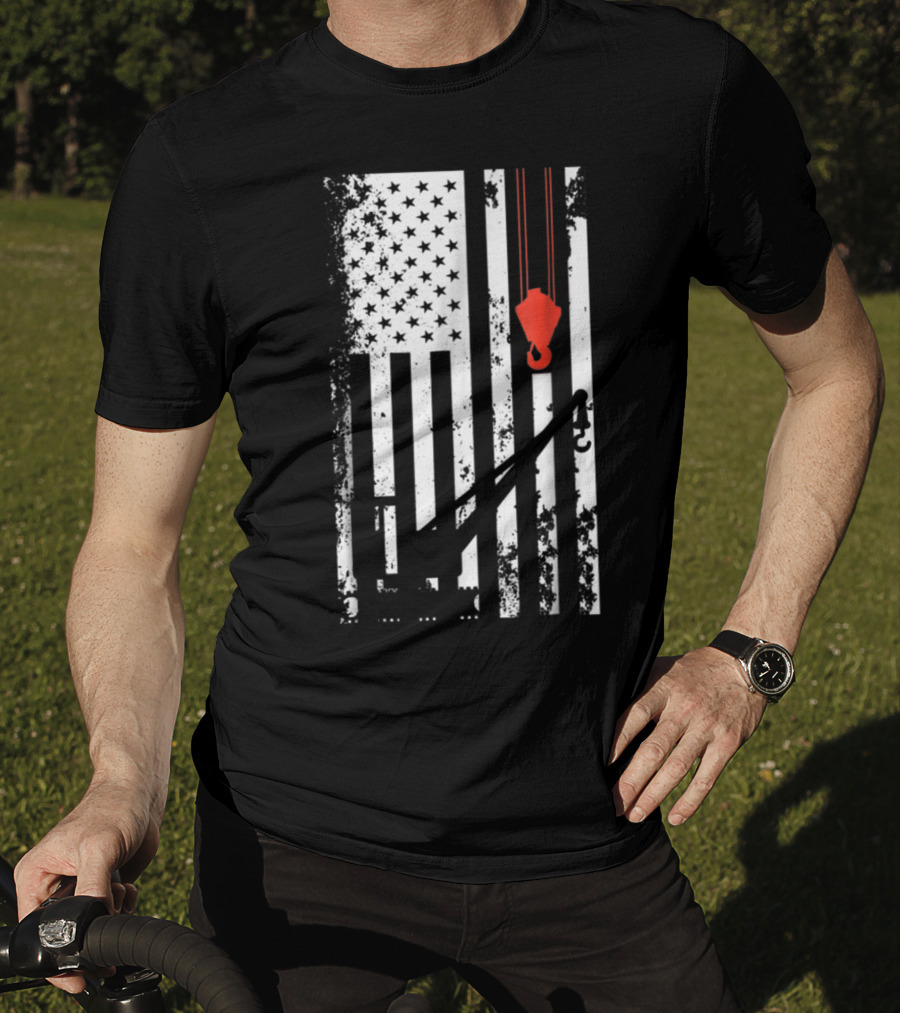 American Flag Crane Operator Hook And Lines T-Shirt