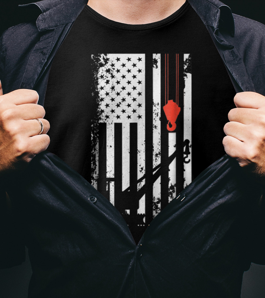 American Flag Crane Operator Hook And Lines T-Shirt