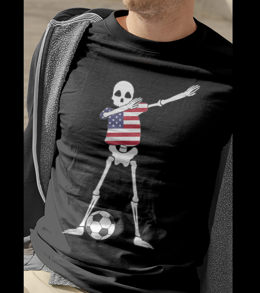 Dabbing Skeleton USA Soccer American Flag Dab Dance Football T-Shirt
