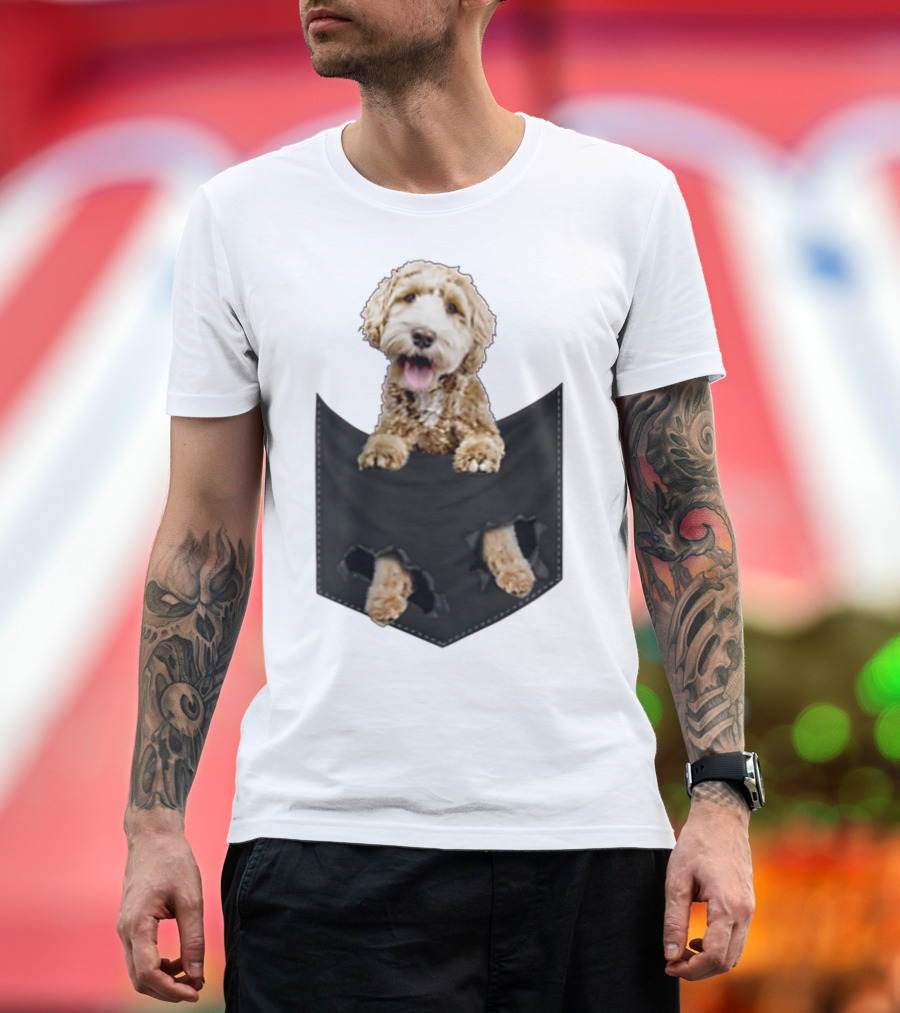 Dog In Your Pocket Labradoodle Peeking Out Pawing Through Black Pocket T-Shirt
