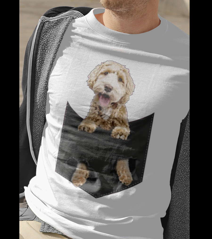Dog In Your Pocket Labradoodle Peeking Out Pawing Through Black Pocket T-Shirt