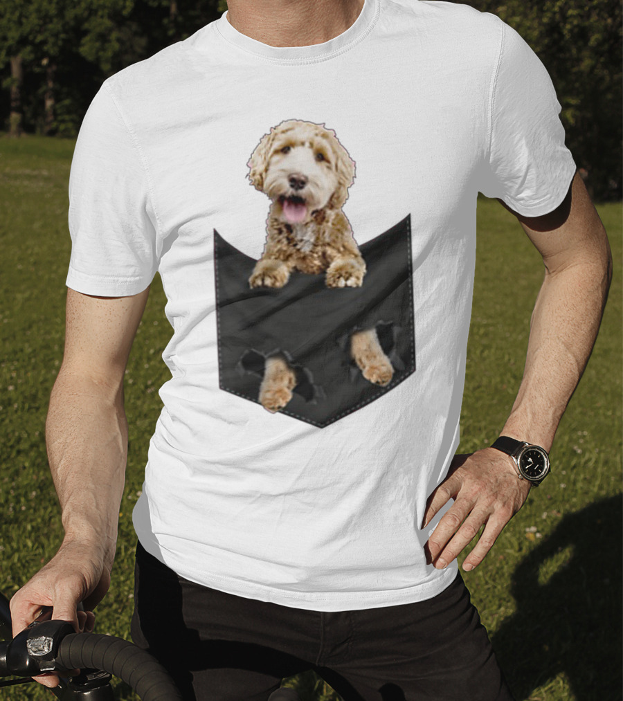 Dog In Your Pocket Labradoodle Peeking Out Pawing Through Black Pocket T-Shirt
