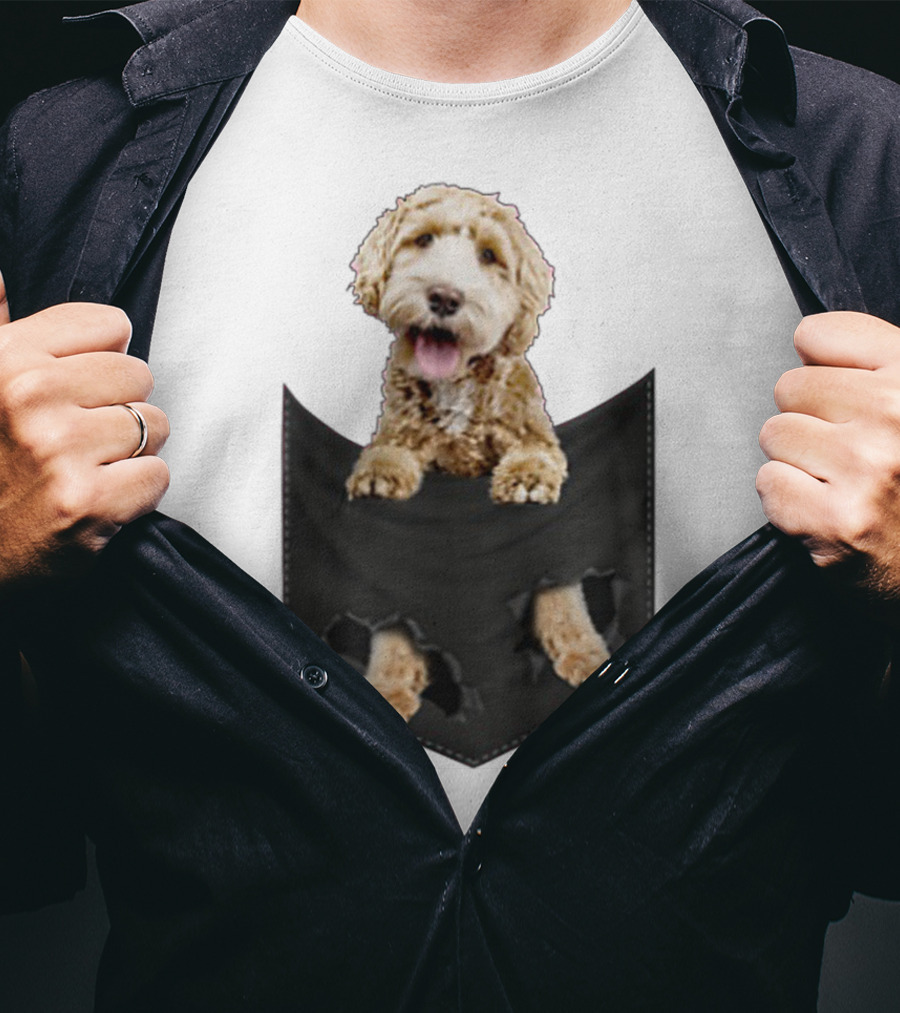 Dog In Your Pocket Labradoodle Peeking Out Pawing Through Black Pocket T-Shirt