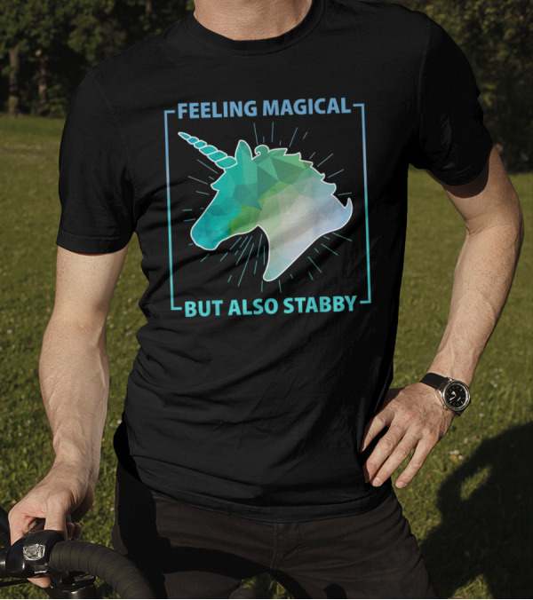 Feeling Magical But Also Stabby Funny Cute Unicorn Geometric Head T-Shirt
