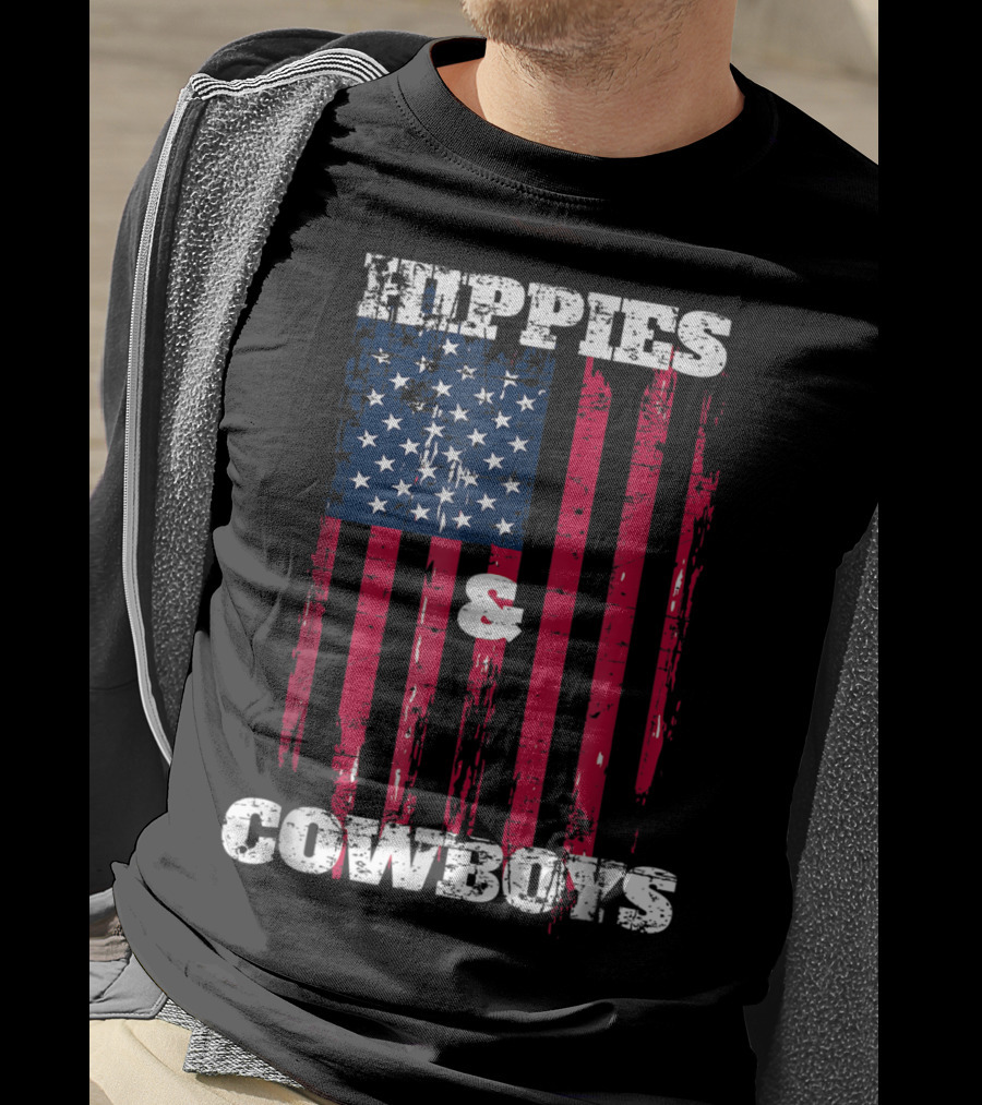 Hippies Cowboys And American Flag Distressed Look T-Shirt